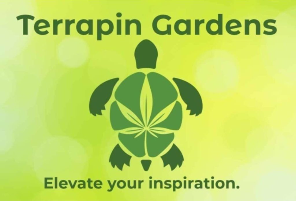 Terrapin Gardens logo with turtle and leaf design on green background, text "Elevate your inspiration."