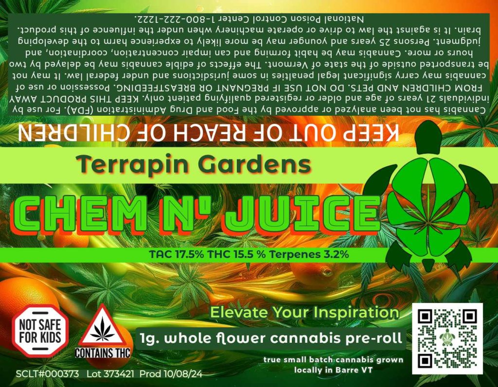 Chem n' Juice pre roll label artwork from Terrapin Gardens